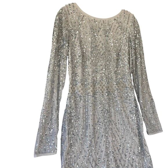 Aidan Mattox Gray Silver Sequin Mini Dress Long Sleeve Boat V Neck Women Size 8 - Picture 2 of 10